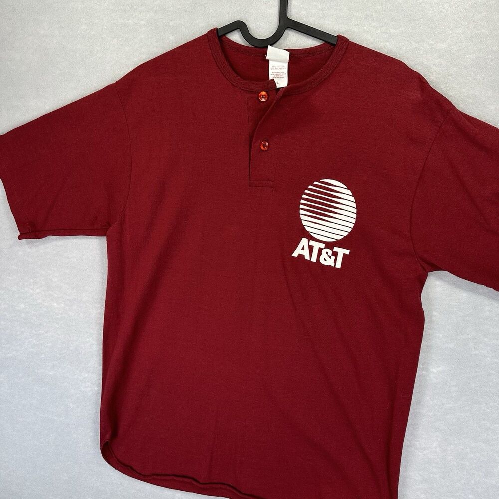 Vintage Single Stitch AT&T‎ Large Henley Crimson Retro Logo Made In USA T Shirt